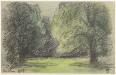 41414 Gezicht op veld en bomen in de Haarlemmerhout tekening in pastelkrijt in kleuren gesigneerd rechtsonder met ...