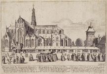 41581 Gegevens cataloguskaartje: Grote Kerk, zuidzijde met Klokhuis. Kopergravure van J.v.d.Velde naar P.Saenredam, ...