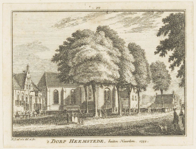 42419 't Dorp Heemstede, buiten Haarlem,1752Hervormde kerk, noordzijde, en omgevingKopergravure, 1752