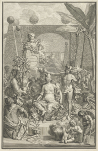 42586 De Hartekamp allegorie op de kruidtuin kopergravure gedateerd links onder, 1738