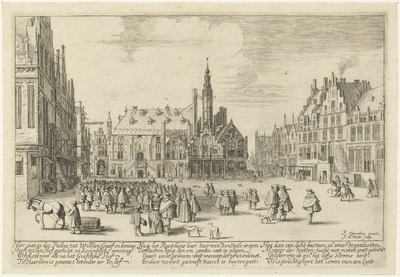 43306 Gegevens cataloguskaartje: Grote Markt, ziende naar het westen met het stadhuis. Gravure door Jan van de Velde II ...