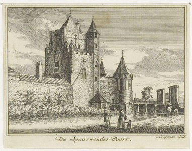 43469 Gegevens cataloguskaartje: Gezicht op de Amsterdamse Poort, brug en hek vanaf de Herensingel. Kopergravure van ...