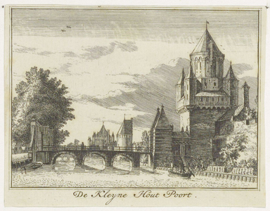 43491 Gegevens cataloguskaartje: Kleine Houtpoort, oostzijde. De Kleijne Hout Poort . Kopergravure van H.Spilman, 1740. ...