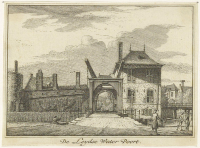 43530 Gegevens cataloguskaartje: Eendjespoort, zuidzijde. De Leydse Water Poort . Kopergravure van H.Spilman, ca.1745. ...
