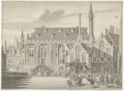 45264 Gegevens cataloguskaartje: Gezicht op de nog gotische gevel van het stadhuis (tijdens het bezoek van Prins ...