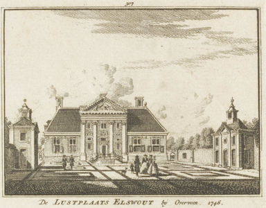 46522 De Lustplaats Elswout bij Overveen 1746 zuidzijde kopergravure naar Jan de Beijer (1703-1780), 1746