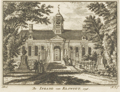 46523 De Ingang van Elswout. 1746 Het poortgebouw van landgoed Elswout, zuidzijde kopergravure naar Jan de Beijer ...