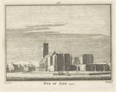46788 Wijk op ZeeHervormde kerk, zuidoostzijde en omgevingKopergravure van H.S(pilman), naar C.P(ronk), 1740, 1740