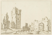 47332 Gezicht op de ingangspartij en ruïne van het Huis ter Kleef.18de eeuwse kopie naar een tekening toegeschreven aan ...