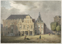 47648 Haarlem. Het Stadhuis. Gezicht op het stadhuis met rechts doorkijk naar de Zijlstraat gekleurde lithografie, 1848-1853