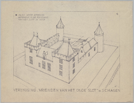 191 Plan voor opbouw. Getekend is de toestand van het slot in 1668 . Vogelvluchtperspectief gemaakt in opdracht van ...