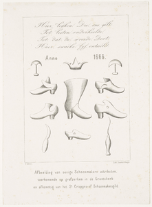155 Afbeelding van eenige Schoenmakers attributen, voorkomende op grafzerken in de Grootekerk en afkomstig van het St. ...