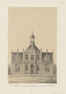 198 HET VERBOUWDE HOFJE VAN BERENSTEIJN, IN DE LANGE HEERENSTRAAT.Hofje van Beresteyn, voorgevel. Lithografie., 1888