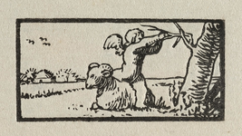 2323 MaartEen cupidootje staand over een ram in een landschap bij een boom. De ram verwijst naar het astrologische ...