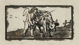 2324 AprilEen cupidootje staand bij een stier. De stier verwijst naar het astrologische teken Stier. Een prent uit een ...