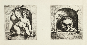 2446 Twee allegorische voorstellingen op één blad.Links een naakt jongetje in een nis, die een lelie in zijn rechter- ...
