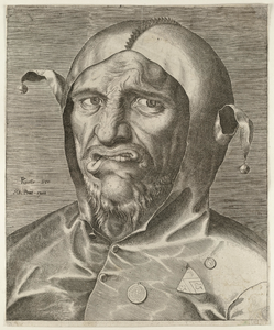 672 Portret van een nar. Gravure door Philips Galle naar eigen ontwerp?; gesigneerd., 1559-1561