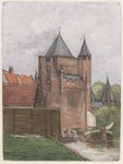 1155 Gezicht op de Amsterdamse Poort vanaf de Herensingel, met een aangemeerde zeil vrachtschip.Penseel in kleuren over ...