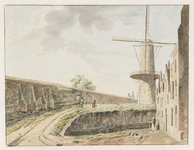1158 Gezicht op molen De Hoop bij de stadsmuur aan de binnenzijde, tussen de Raampoort en Zijlpoort in Haarlem.Pen in ...