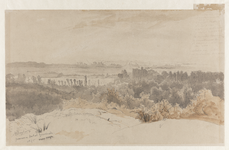 1197 Panoramagezicht met het profiel van het kasteel Brederode. Penseel in grijs en bruin over potlood, door Paul ...