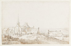 1208 Gezicht op Zandvoort vanuit het westen, met links de kerk.pen en penseel in bruin, penseel in grijs over grafiet, ...