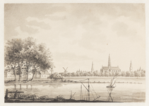 1258 Gezicht vanaf de Leidsevaart op Haarlem.Pen en penseel in zwart en grijs door James Forbes, m.o. gesigneerd, ...