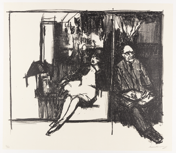 1295 Voorstelling van man en vrouw, beiden gezeten in een fauteuil, van elkaar af gekeerd. Lithografie op papier. ...