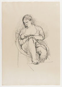 1303 Zittende vrouw geeft een baby borstvoeding. Rotaprent op papier. Vervaardiger Aat Veldhoen. Gesigneerd en ...