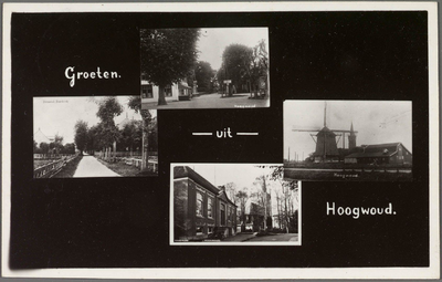 25402 Verzamelkaart met 4 afbeeldingen van Hoogwoud Noordzijde, Dorpsstraat, molen en kerk, gemeentehuis., 1942
