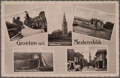 30696 Verzamelkaart met vijf gezichten, oa. kasteel Radboud en de Nederlands Hervormde Kerk, 1943