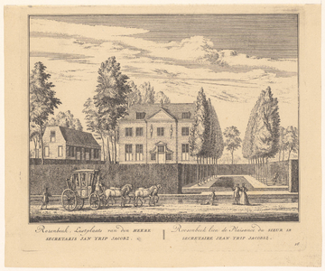 131 Hofstede Rozenbeek van Jan Trip Jacobsz, 1728. Op de achtergrond achter een haag het Huis, op de voorgrond een ...