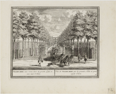 146 Buitenplaats Velserbeek van Hendrik ter-Smitten, op de achtergrond. Poort en oprit; een koets, getrokken door vier ...