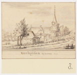 4207 De Hervormde kerk en enige huizen aan de Kerkweg, vanuit het noorden, 1696. 1 topogr. tek.: pen in zwart, penseel ...
