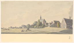 5719 Schermerhorn, vanuit het oosten. Vanuit de Beemster de kerk, gebouwd in 1634, en enige huizen op de dijk. Op de ...