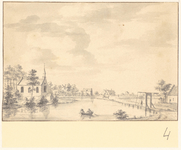 5782 Uithoorn aan de Amstel in 1641. Links een kerk, rechts een ophaalbrug. Op de Amstel een roeiboot. Op de ...