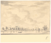 5783 Uithoorn aan de Amstel in 1729. Links een theekoepel, in het midden een brug. 1 topogr. tek.: pen en penseel in ...