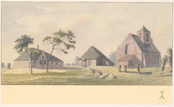 5812 De kerk en twee boerenhuizen. Op de voorgrond vee. 1 topogr. tek: pen in bruin, penseel in kleuren. Kaderlijn:pen ...