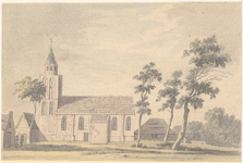 5963 De hervormde kerk vanuit het zuiden, 1789. 1 topogr. tek.: pen in zwart, penseel in kleuren verso l.o.: 'H: ...