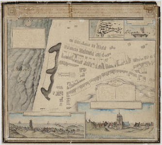 1405 2 kaarten en 3 afbeeldingen op 1 blad: kopergravure; 50 x 58 cm (0759 = tekening v. kaart), 1719