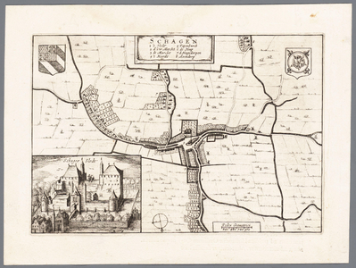 169 Kaart van Schagen en omstreken. Links onder Slot in vogelvlucht. 1 kaart: kopergravure; 15,5 x 23 cm, 1600-1699